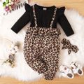 2-piece Baby Girl Ruffle Long-sleeve Black & Leopard Print Stitching Fake Two Piece Jumpsuit and Headband Set Black