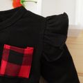Black Splicing Red Plaid Print Ruffle Button Down Long-sleeve Baby Dress Black