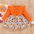 Halloween Pumpkin Print Long-sleeve Ruffle Baby Dress Orange