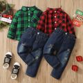 2-piece Toddler Boy Christmas Lapel Collar Button Down Long-sleeve Plaid Shirt and Ripped Jeans Denim Pants Set Green