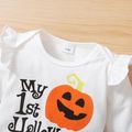 Baby 3pcs Halloween Letter Pumpkin Print Long-sleeve Romper and Suspender Skirt Set White