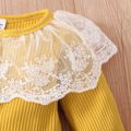 Baby Girl Ribbed Solid Splice Lace Mesh Ruffle Collar Long-sleeve Jumpsuit Yellow