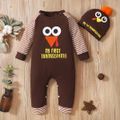Baby 2pcs Thanksgiving Day Coffee Letter and Stripe Print Long-sleeve Jumpsuit Set Coffee