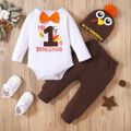 Baby 3pcs Thanksgiving Day Letter Print Bow Tie Long-sleeve Romper Set White