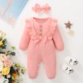 2pcs Baby Girl 95% Cotton Ribbed Long-sleeve Ruffle Bowknot Button Jumpsuit with Headband Set Pink image 1