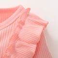 2pcs Baby Girl 95% Cotton Ribbed Long-sleeve Ruffle Bowknot Button Jumpsuit with Headband Set Pink image 3