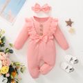 2pcs Baby Girl 95% Cotton Ribbed Long-sleeve Ruffle Bowknot Button Jumpsuit with Headband Set Pink image 4