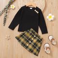 Toddler Girl Button Decor Long-sleeve Black Top and 100% Cotton Plaid Skirt Set Orange image 2