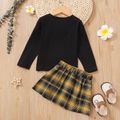 Toddler Girl Button Decor Long-sleeve Black Top and 100% Cotton Plaid Skirt Set Orange image 3