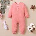 Baby Solid Ribbed Long-sleeve Cotton Jumpsuit Pink