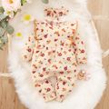 2pcs Baby Floral Print Ruffle Long-sleeve Baby Corduroy Jumpsuit Set Apricot