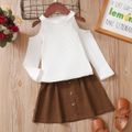 2-piece Toddler Girl Cold Shoulder Long-sleeve White Top and Belted Button Design Skirt Set White