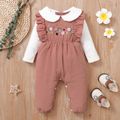 100% Cotton Baby Girl Floral Embroidered Doll Collar Ruffle Long-sleeve Jumpsuit Dark Pink