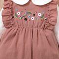 100% Cotton Baby Girl Floral Embroidered Doll Collar Ruffle Long-sleeve Jumpsuit Dark Pink