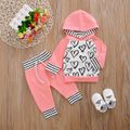 2pcs Heart and Striped Print Hooded Long-sleeve Pink Baby Set Pink image 5