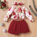 3pcs Baby Floral Print Long-sleeve Crop Top and Mini Skirt Set White