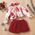 3pcs Baby Floral Print Long-sleeve Crop Top and Mini Skirt Set White
