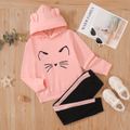 2-piece Kid Girl Animal Cat Print Hoodie Sweatshirt and Colorblock Pants Set Pink image 1