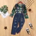 2-piece Toddler Boy Letter Camouflage Print Long-sleeve Tee and Ripped Denim Overalls Set Multi-color