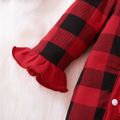 Christmas 2pcs Baby Santa Print Red Plaid Splicing Cotton Long-sleeve Ruffle Jumpsuit Set Red
