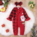 Christmas 2pcs Baby Santa Print Red Plaid Splicing Cotton Long-sleeve Ruffle Jumpsuit Set Red