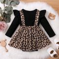 Baby Girl Leopard Splicing Black Cotton Ruffle Long-sleeve Faux-two Romper Dress Black
