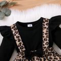 Baby Girl Leopard Splicing Black Cotton Ruffle Long-sleeve Faux-two Romper Dress Black