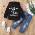 2pcs Baby Letter Print Cotton Long-sleeve Hoodie and Ripped Denim Jeans Set Black image 2
