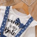 2-piece Toddler Girl Bowknot Design Letter Print Long-sleeve Top and Polka dots Ruffle Hem Denim Suspender Skirt Set White