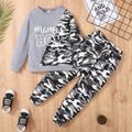 2-piece Kid Boy Letter Camouflage Print Colorblock Pullover Sweatshirt and Pants Set Grey