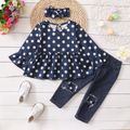 3pcs Baby All Over Polka Dots Navy Ruffle Bell Sleeve Top and Cotton Ripped Denim Jeans Set Navy image 2