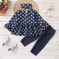 3pcs Baby All Over Polka Dots Navy Ruffle Bell Sleeve Top and Cotton Ripped Denim Jeans Set Navy