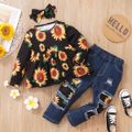 3-piece Toddler Girl Floral Print Long-sleeve Top, Patchwork Ripped Denim Jeans and Headband Set Black