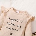 3pcs Baby Letter Embroidered Ruffle Long-sleeve Ribbed Romper and Leopard Pants Set Apricot