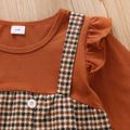 Toddler Girl Faux-two Ruffled Plaid Button Design Irregular Hem Long-sleeve Dress Brown