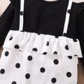 2pcs Baby Girl Black Long-sleeve Splicing Polka Dots Ruffle Jumpsuit Set White