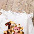 2-piece Baby Girl Thanksgiving Letter Animal Print Lace Design Long-sleeve Romper and Ruffled Plaid Suspender Skirt Set White