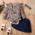 2pcs Baby Girl Leopard Ruffle Long-sleeve Romper and Denim Skirt Set Multi-color