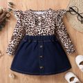 2pcs Baby Girl Leopard Ruffle Long-sleeve Romper and Denim Skirt Set Multi-color