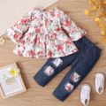 2pcs Baby Girl Floral Print Long Bell Sleeve Top and Ripped Denim Jeans Set Multi-color