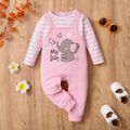 Baby Girl Cartoon Elephant and Letter Print Pink Striped Long-sleeve Splicing Jumpsuit Pink