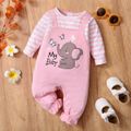 Baby Girl Cartoon Elephant and Letter Print Pink Striped Long-sleeve Splicing Jumpsuit Pink