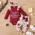 3pcs Baby Girl Letter Embroidered Red Ribbed Long-sleeve Romper and Floral Print Trousers Set Red