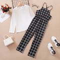 2-piece Kid Girl Long-sleeve White Tee and Plaid Overalls Set White