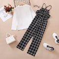 2-piece Kid Girl Long-sleeve White Tee and Plaid Overalls Set White