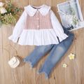 2-piece Toddler Girl Doll Collar Tweed Splice Long-sleeve Top and Ripped Hem Denim Jeans Set Pink