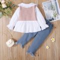 2-piece Toddler Girl Doll Collar Tweed Splice Long-sleeve Top and Ripped Hem Denim Jeans Set Pink