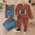 2-piece Toddler Boy/Girl Letter Animal Print Waffle Sweatshirt and Solid Color Pants Set Brown