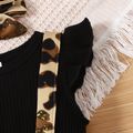 2pcs Baby Girl Solid Ribbed Splicing Leopard Layered Ruffle Flutter-sleeve Romper with Headband Set Black