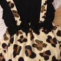 2pcs Baby Girl Solid Ribbed Splicing Leopard Layered Ruffle Flutter-sleeve Romper with Headband Set Black